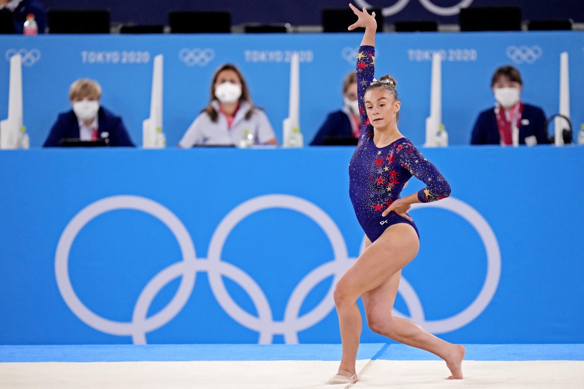 Jul 25, 2021; Tokyo, Japan; Grace McCallum (USA) competes on the floor in the womens gymnastics qualifications during the Tokyo 2020 Olympic Summer Games at Ariake Gymnastics Centre. Mandatory Credit: Danielle Parhizkaran-USA TODAY Network